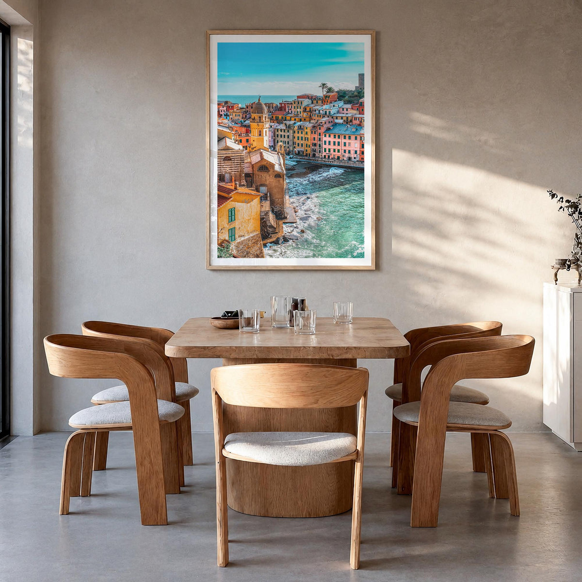 Cinque Terre no. 3 colorful photo poster of Italy – vertical wall art in natural wood frame with white border, hanging on wal