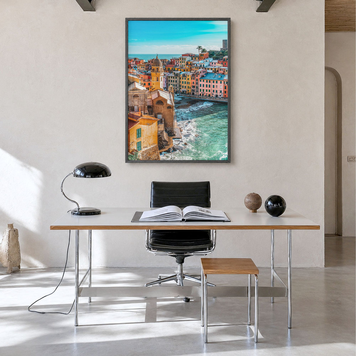 Cinque Terre Photo No 3 Poster in a black wood frame, hanging in a minimalist home office, full image (no border)