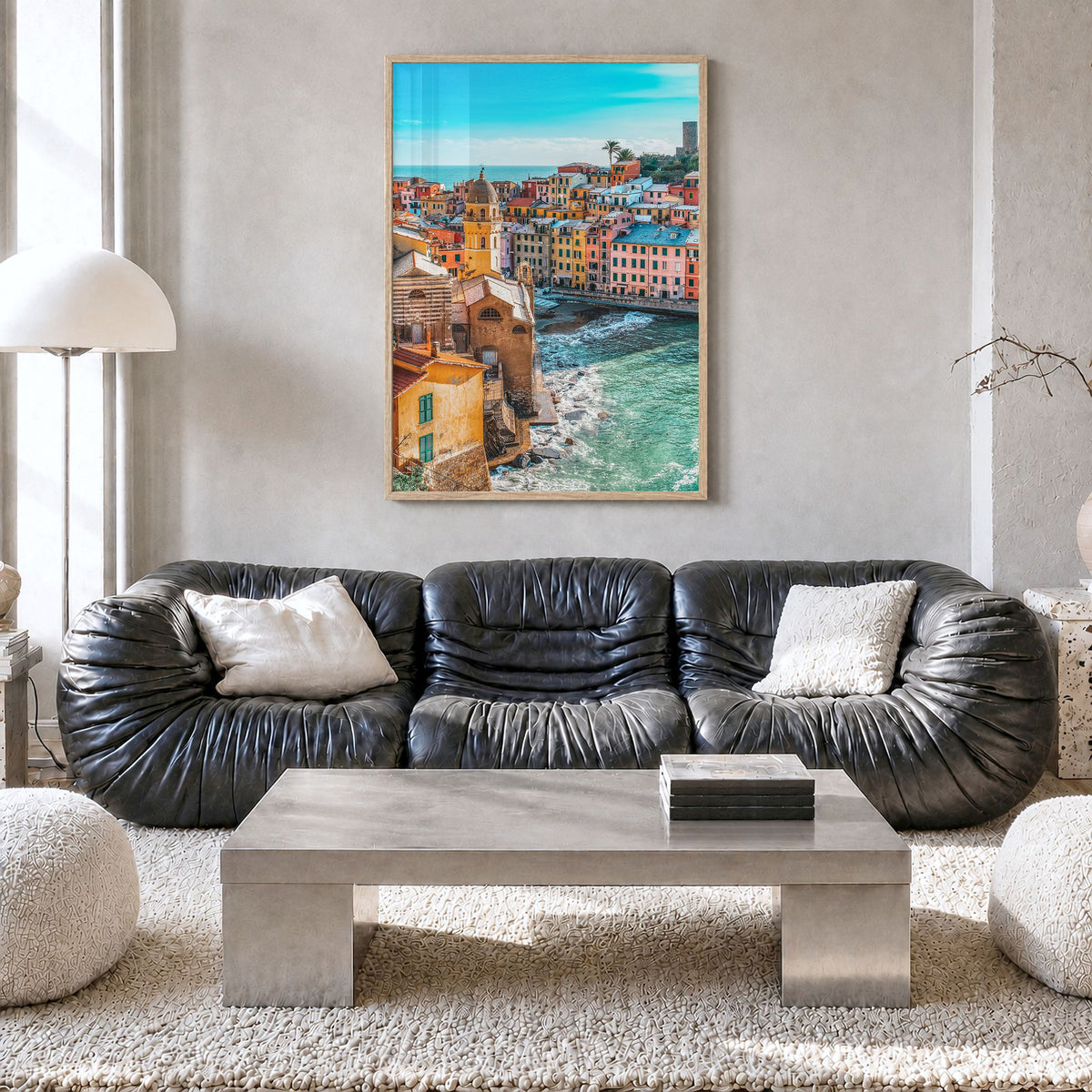 Cinque Terre Photo No 3 Poster in a natural wood frame, hanging in a living room, full image (no border)