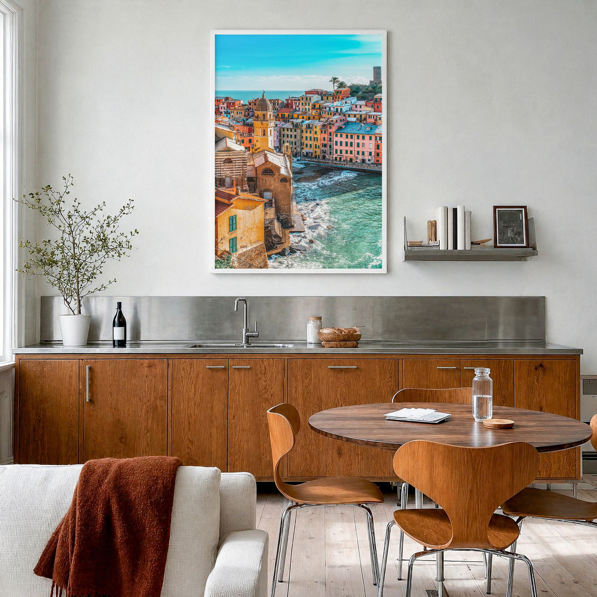 Cinque Terre Photo No 3 Poster in a white wood frame, hanging in a kitchen with a dining area, full image (no border)