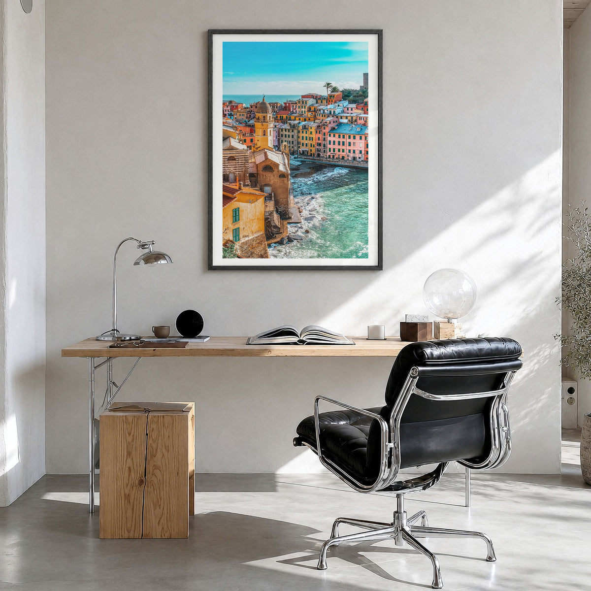 Cinque Terre Photo No 3 Poster in a black wood frame, hanging in a bright home office, white border
