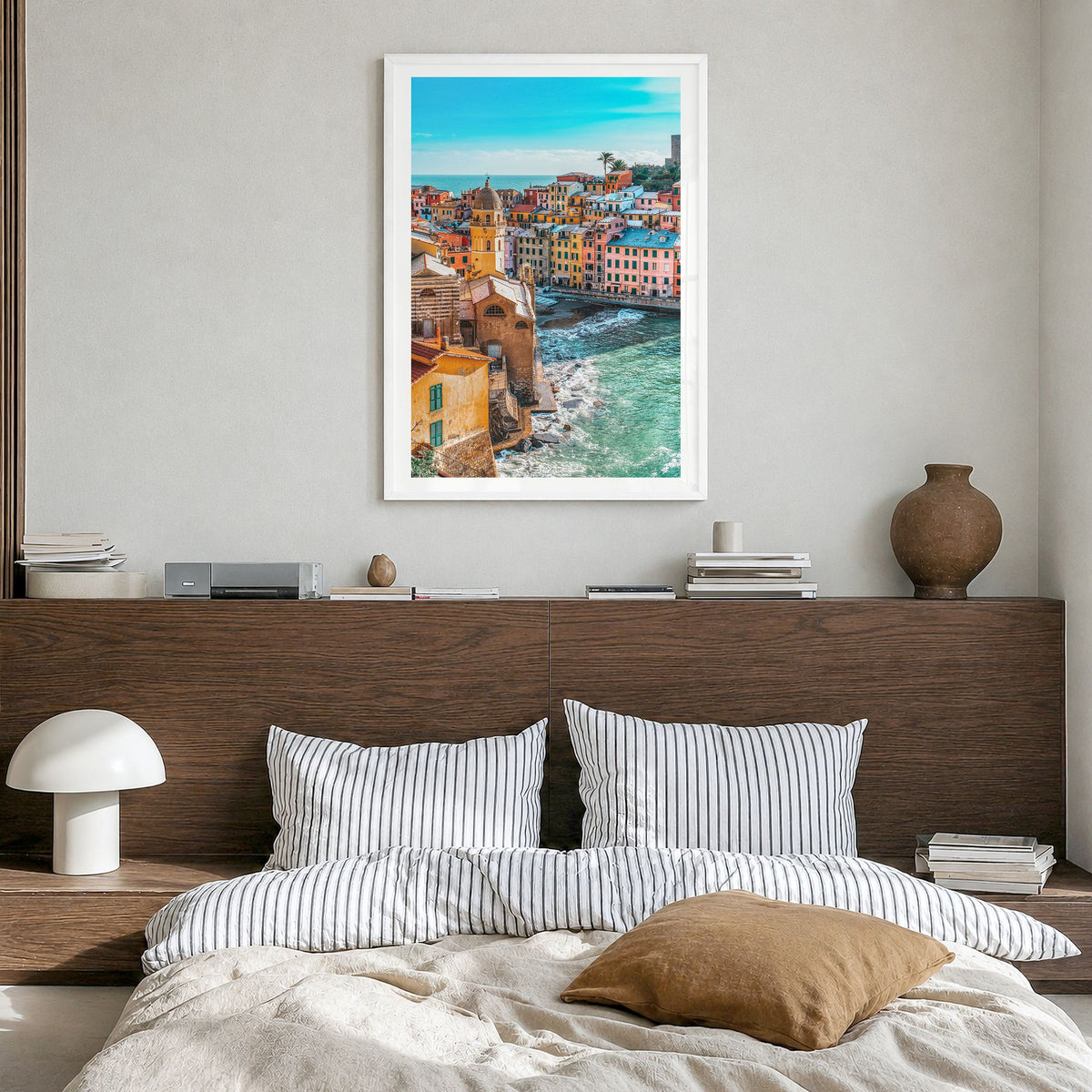 Cinque Terre Photo No 3 Poster in a white wood frame, hanging in a bedroom, white border