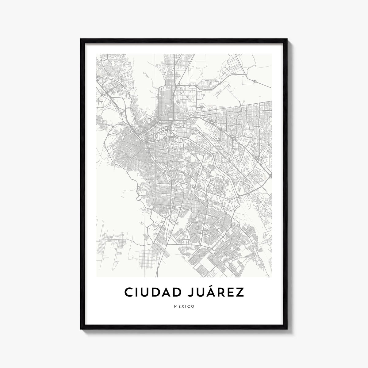 Ciudad Juárez black & white map poster of Mexico – vertical wall art, unframed print shown in interior mockup
