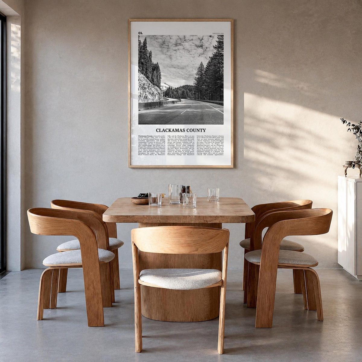 Clackamas County black & white newspaper poster of Oregon, USA – vertical wall art in natural wood frame, hanging on wall