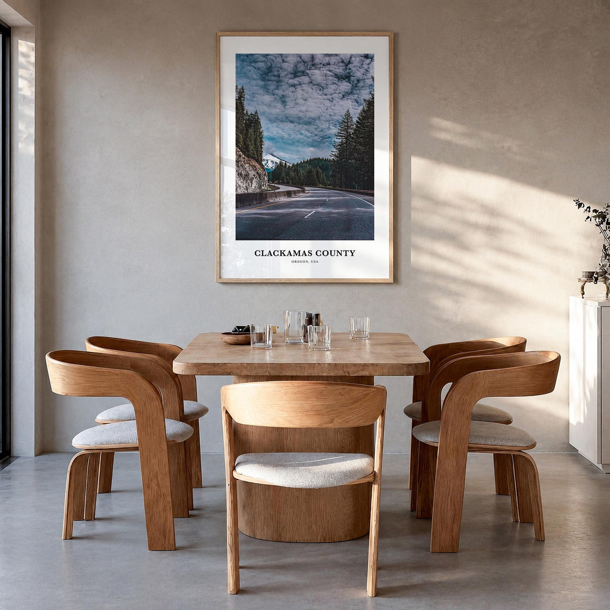 Clackamas County colorful classic poster of Oregon, USA – vertical wall art in natural wood frame, hanging on wall
