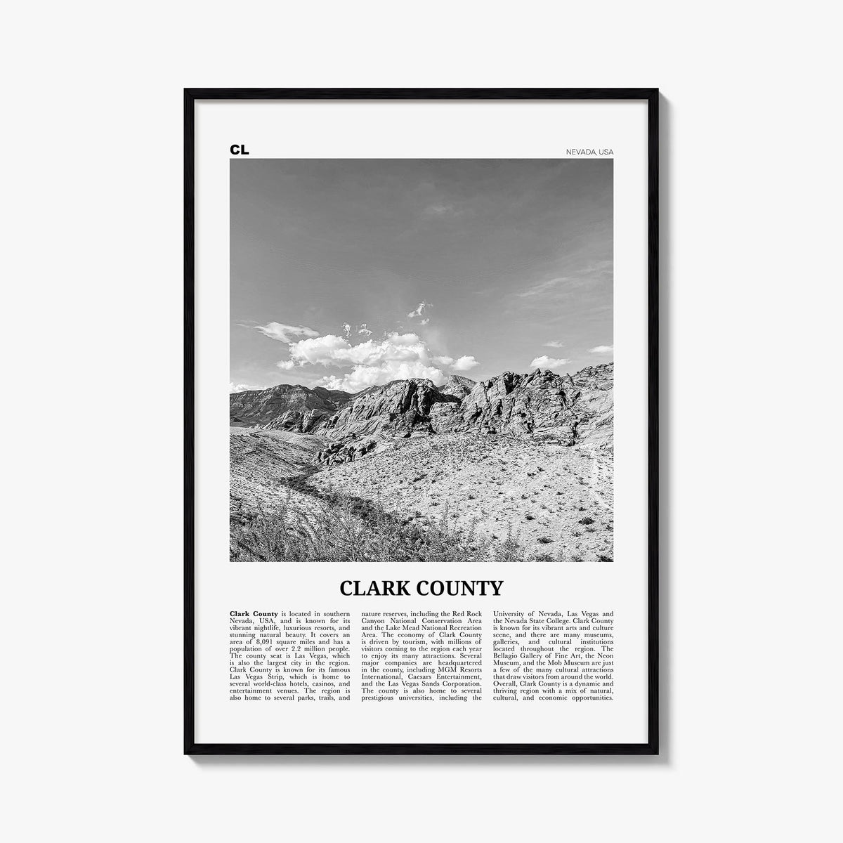 Clark County black & white newspaper poster of Nevada, USA – vertical wall art, unframed print shown in interior mockup