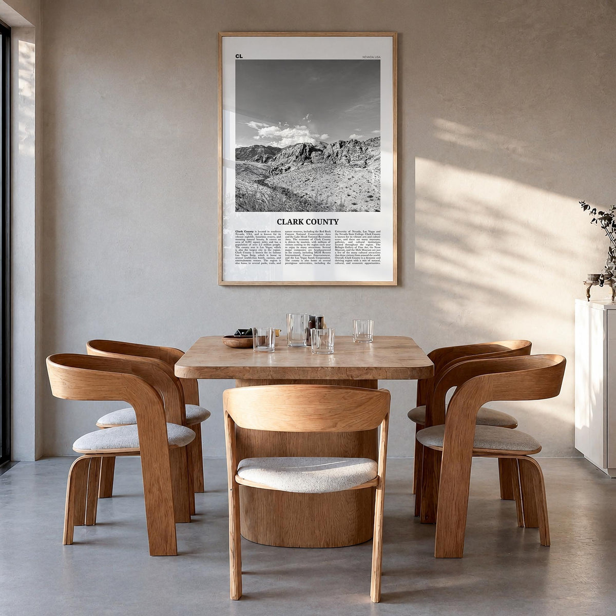 Clark County black & white newspaper poster of Nevada, USA – vertical wall art in natural wood frame, hanging on wall