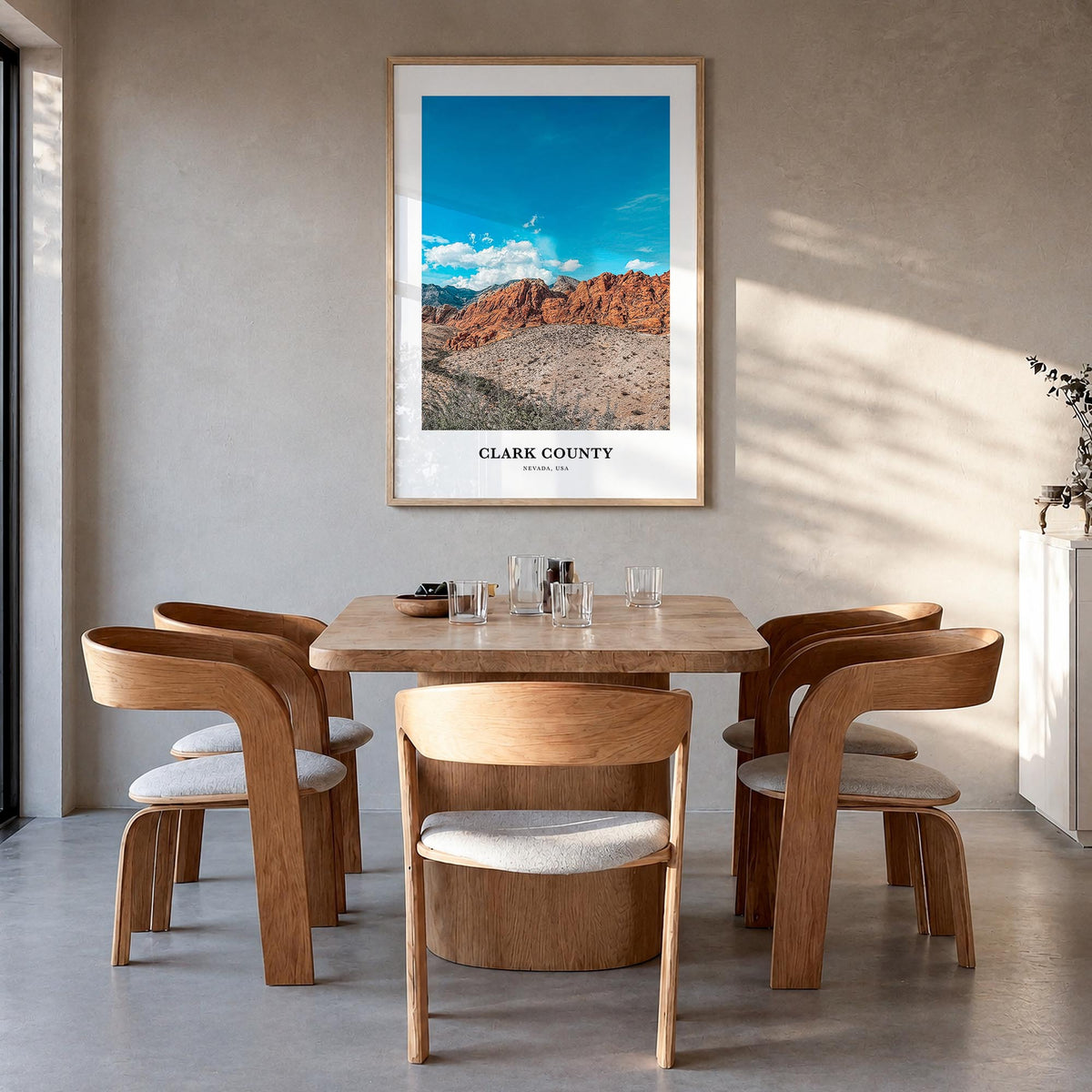 Clark County colorful classic poster of Nevada, USA – vertical wall art in natural wood frame, hanging on wall