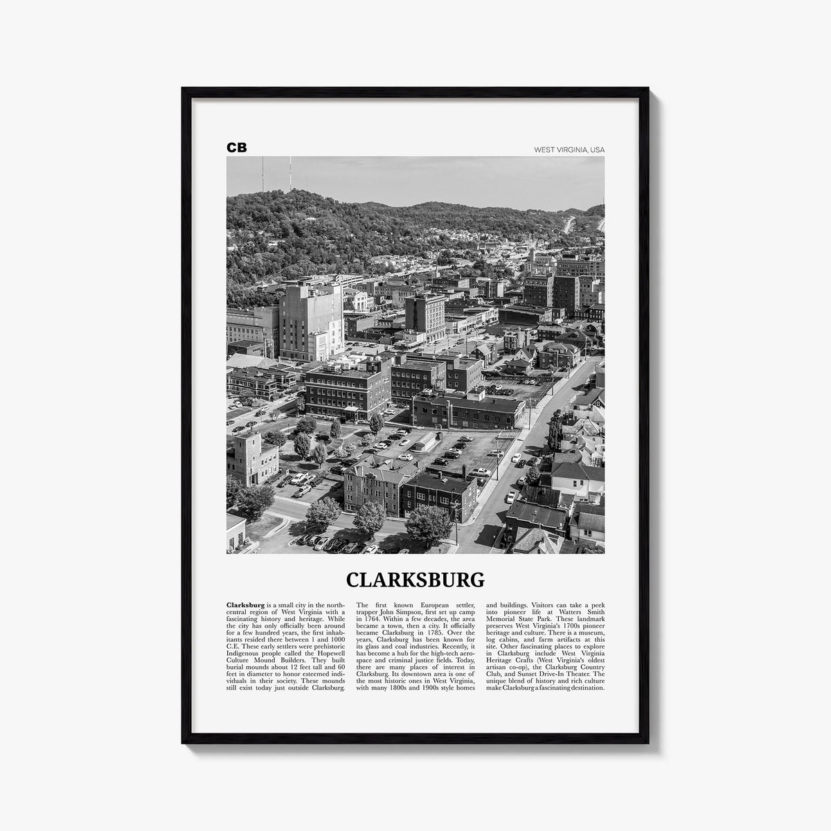 Clarksburg black & white newspaper poster of West Virginia, USA – vertical wall art, unframed print shown in interior mockup