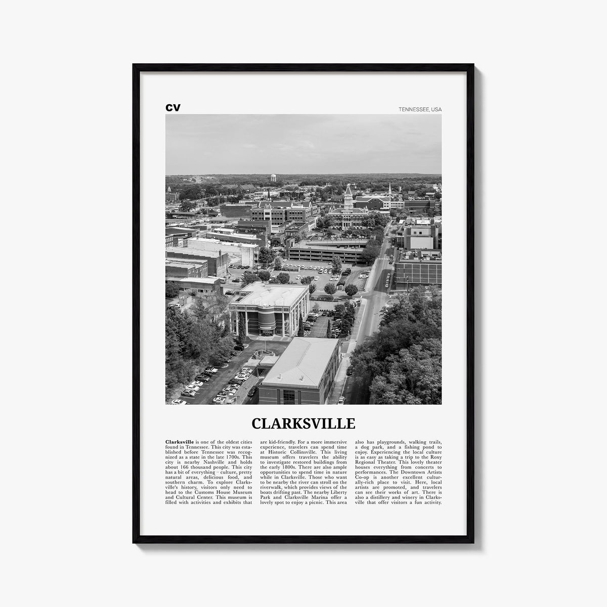 Clarksville black & white newspaper poster of Tennessee, USA – vertical wall art, unframed print shown in interior mockup