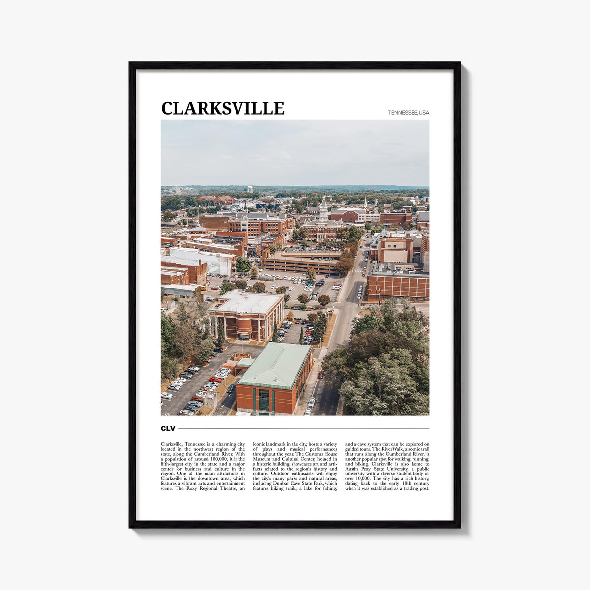 Clarksville colorful travel poster of Tennessee, USA – vertical wall art, unframed print shown in interior mockup
