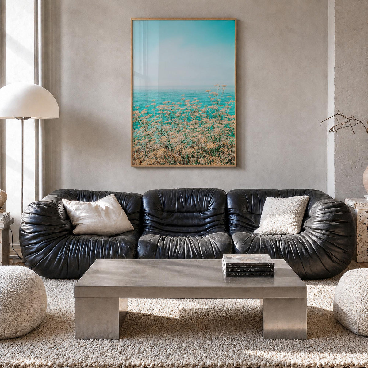 Clear Sky Yellow Flowers colorful photo poster – vertical wall art in natural wood frame, hanging on wall