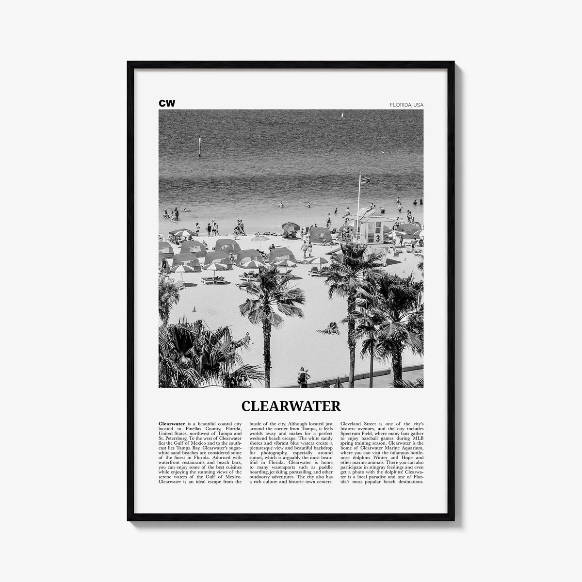 Clearwater black & white newspaper poster of Florida, USA – vertical wall art, unframed print shown in interior mockup