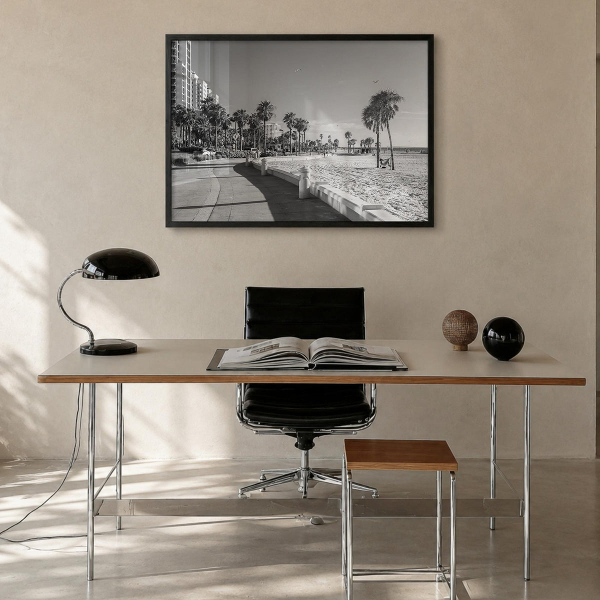 Clearwater black & white photo poster of Florida, USA – horizontal wall art in black wood frame, hanging on wall