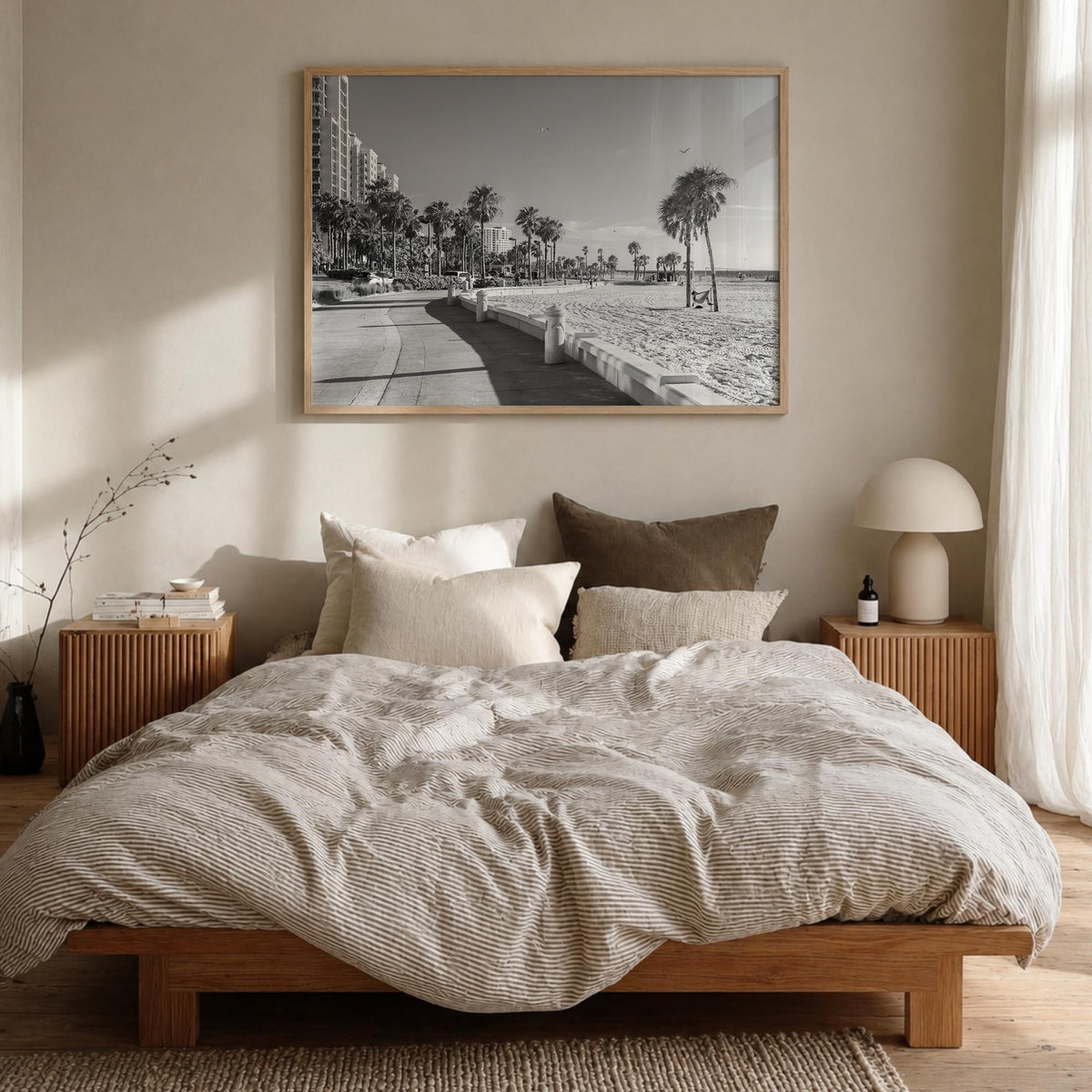 Clearwater black & white photo poster of Florida, USA – horizontal wall art in natural wood frame, hanging on wall
