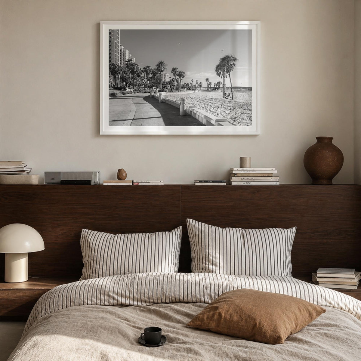 Clearwater black & white photo poster of Florida, USA – horizontal wall art in white wood frame with white border, hanging on