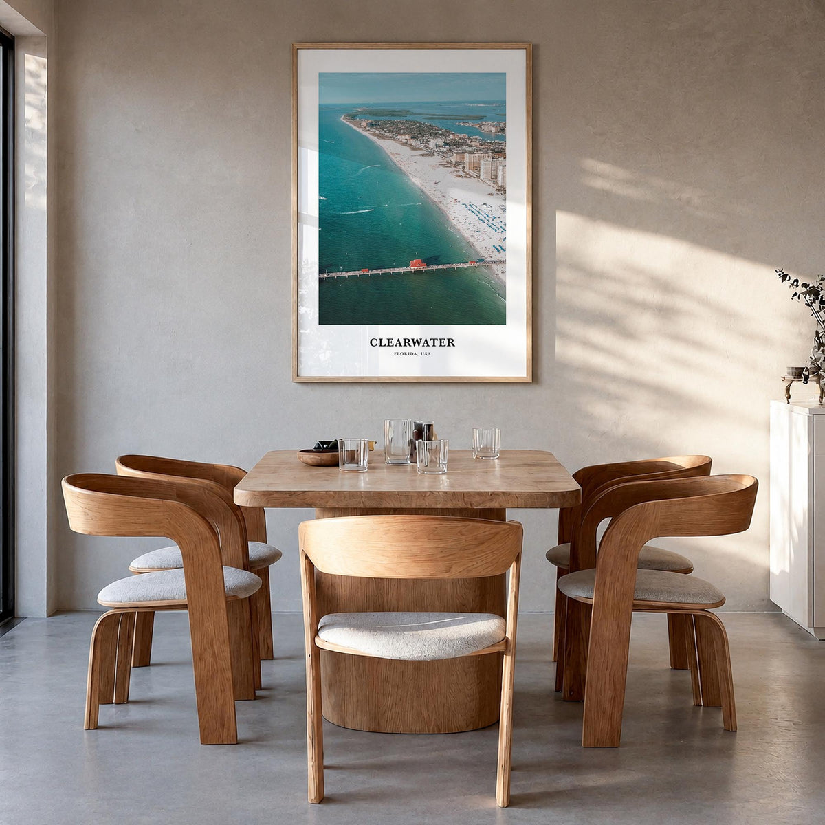 Clearwater colorful classic poster of Florida, USA – vertical wall art in natural wood frame, hanging on wall