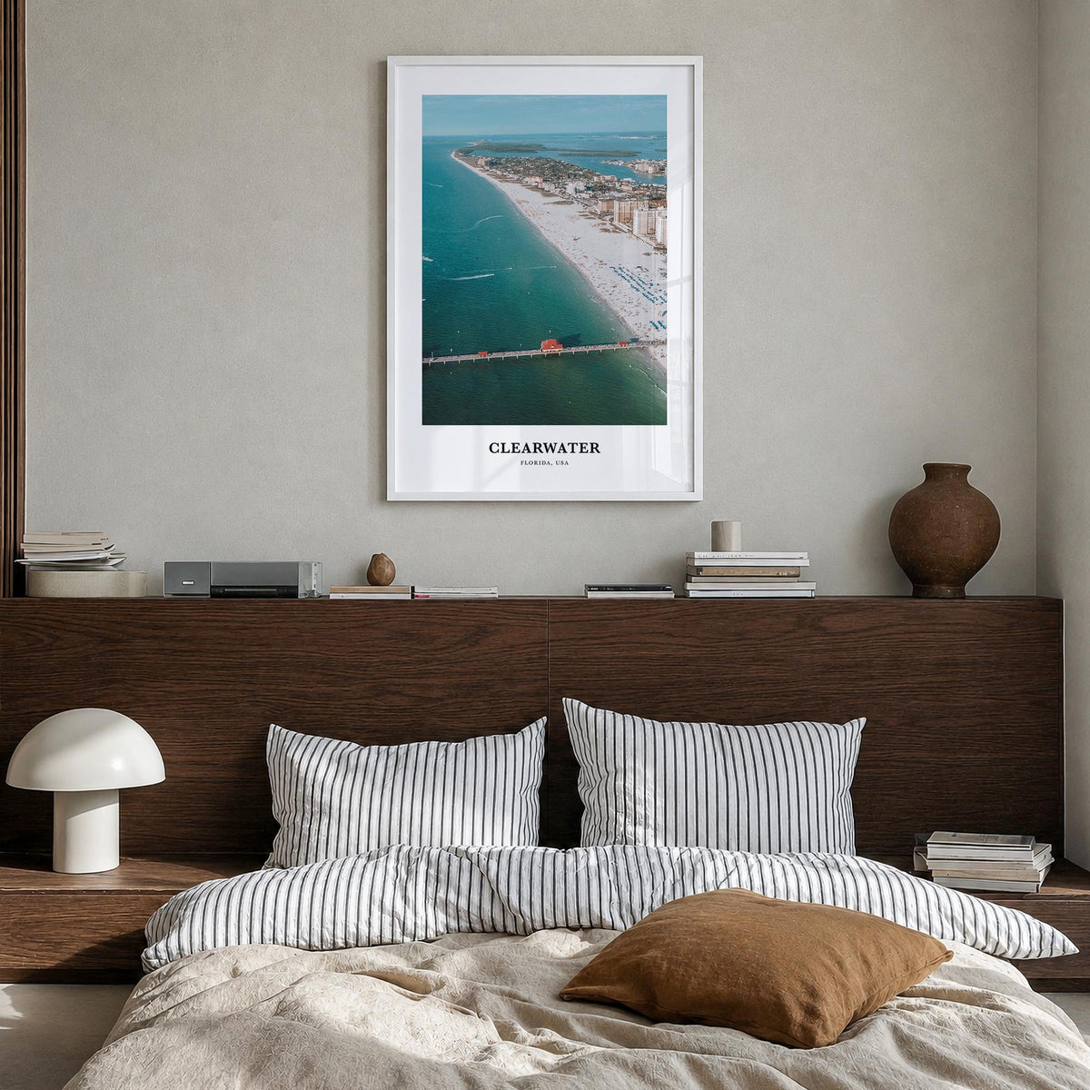Clearwater colorful classic poster of Florida, USA – vertical wall art in white wood frame, hanging on wall