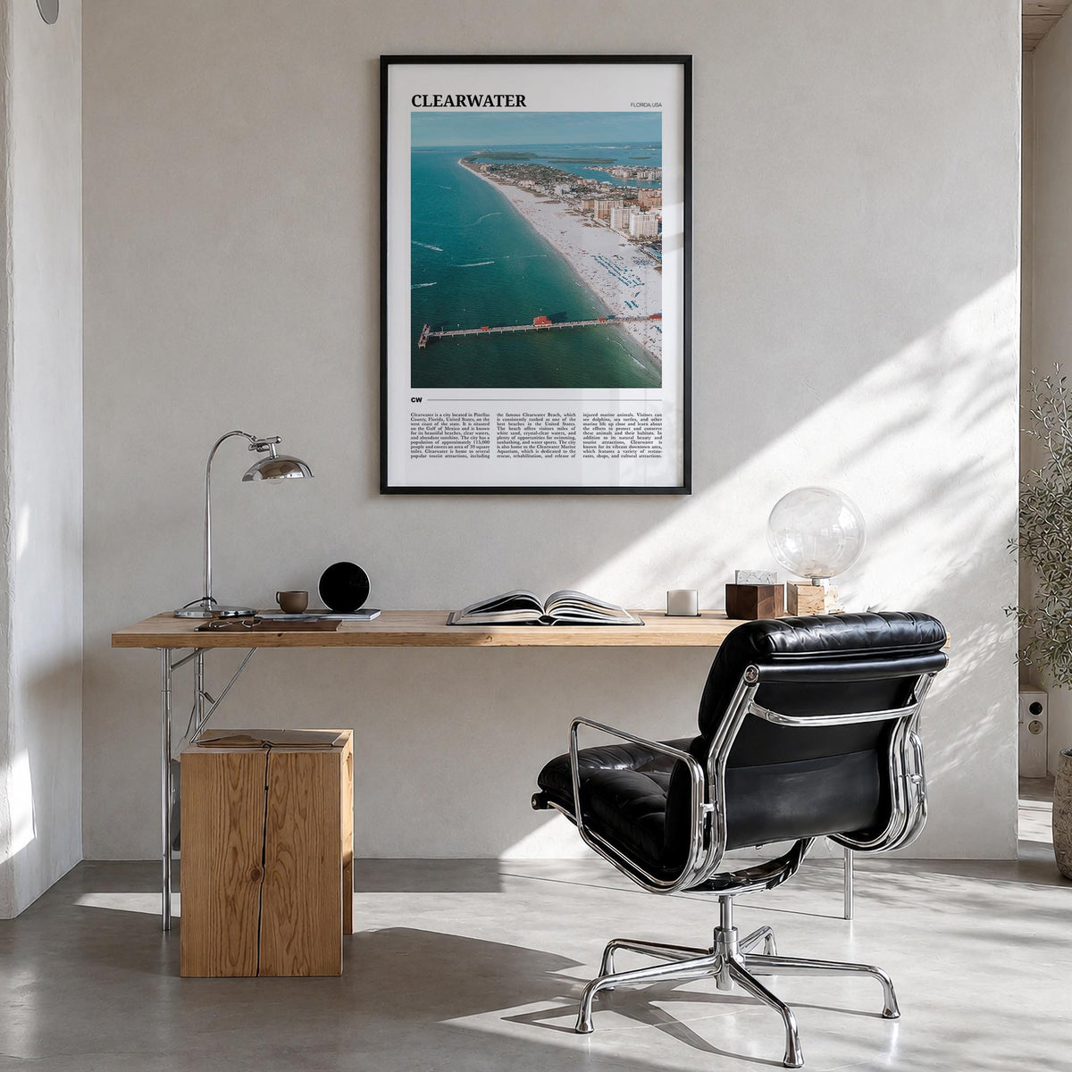 Clearwater colorful travel poster of Florida, USA – vertical wall art in black wood frame, hanging on wall