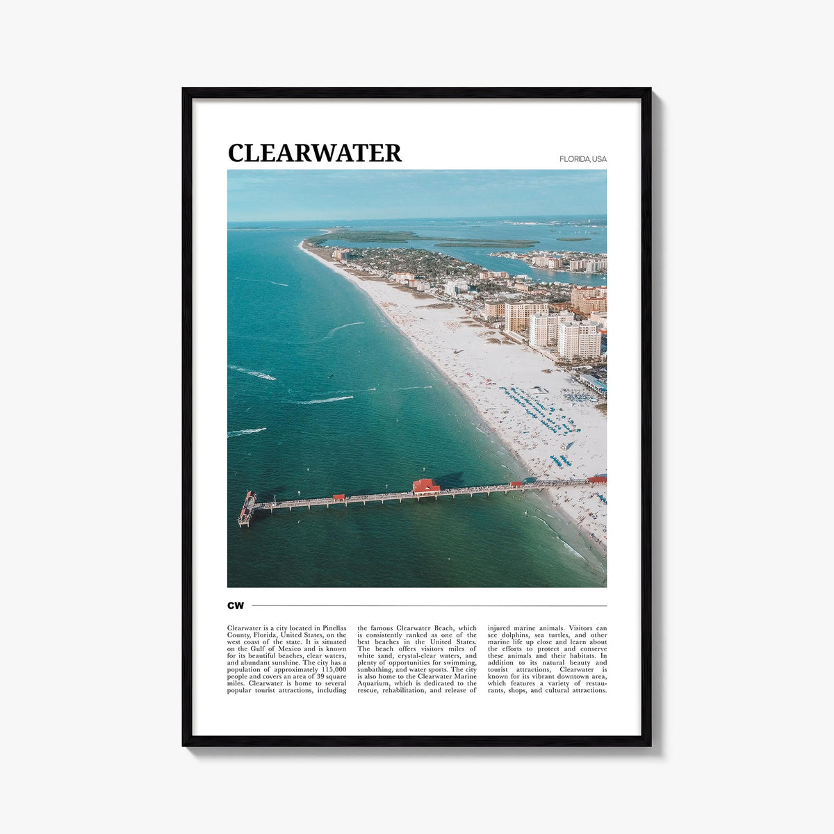 Clearwater colorful travel poster of Florida, USA – vertical wall art, unframed print shown in interior mockup
