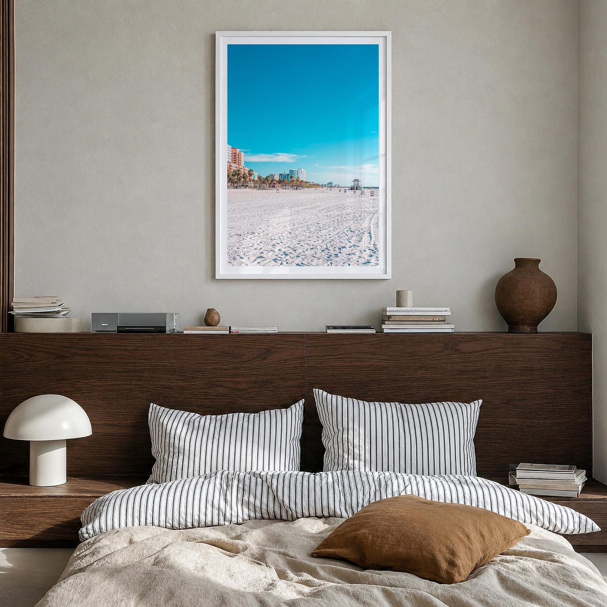 Clearwater no. 1 colorful photo poster of Florida, USA – vertical wall art in white wood frame with white border, hanging on