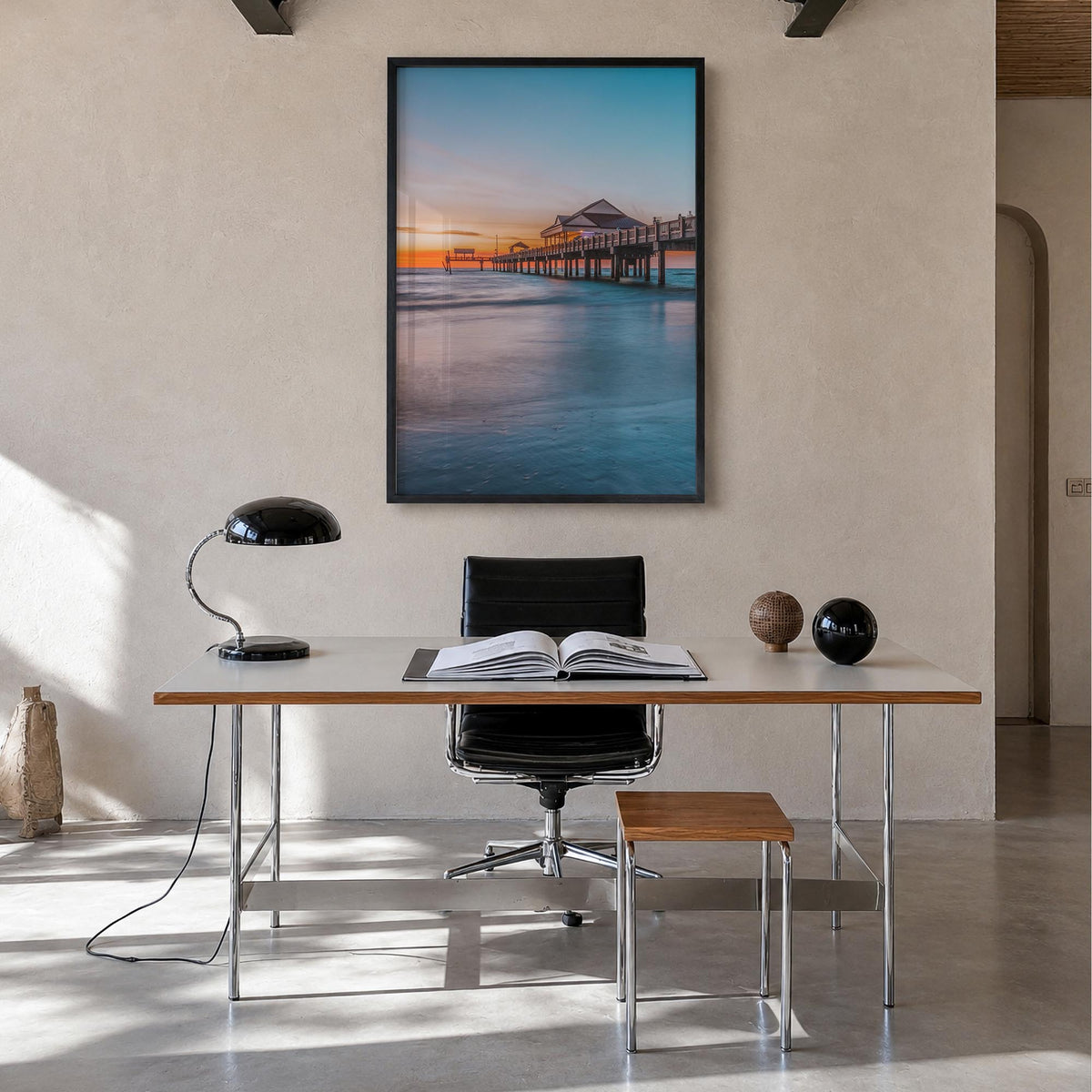 Clearwater no. 2 colorful photo poster of Florida, USA – vertical wall art in black wood frame, hanging on wall
