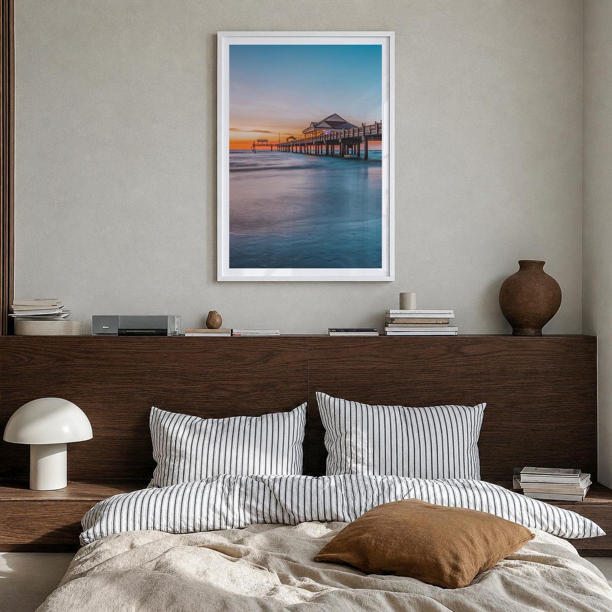Clearwater no. 2 colorful photo poster of Florida, USA – vertical wall art in white wood frame with white border, hanging on