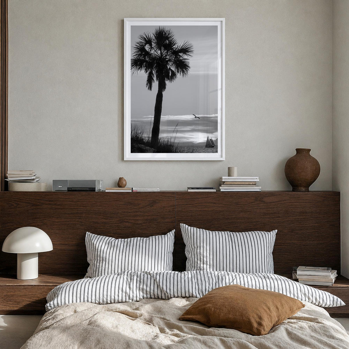 Clearwater no. 3 black & white photo poster of Florida, USA – vertical wall art in white wood frame with white border, hangin