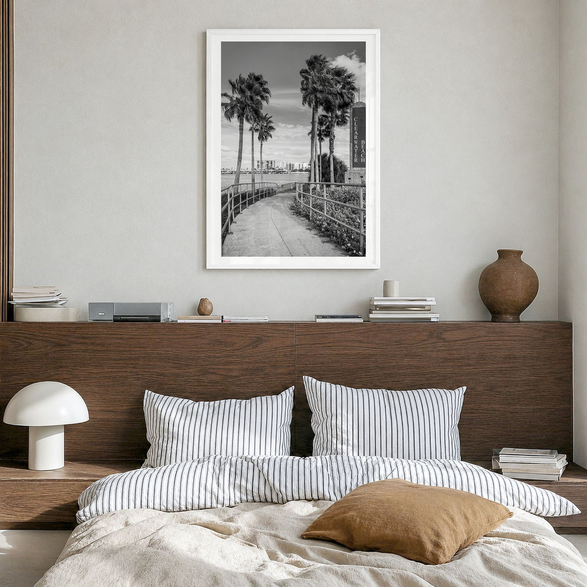 Clearwater Photo No 2 Poster in a white wood frame, hanging in a bedroom, white border