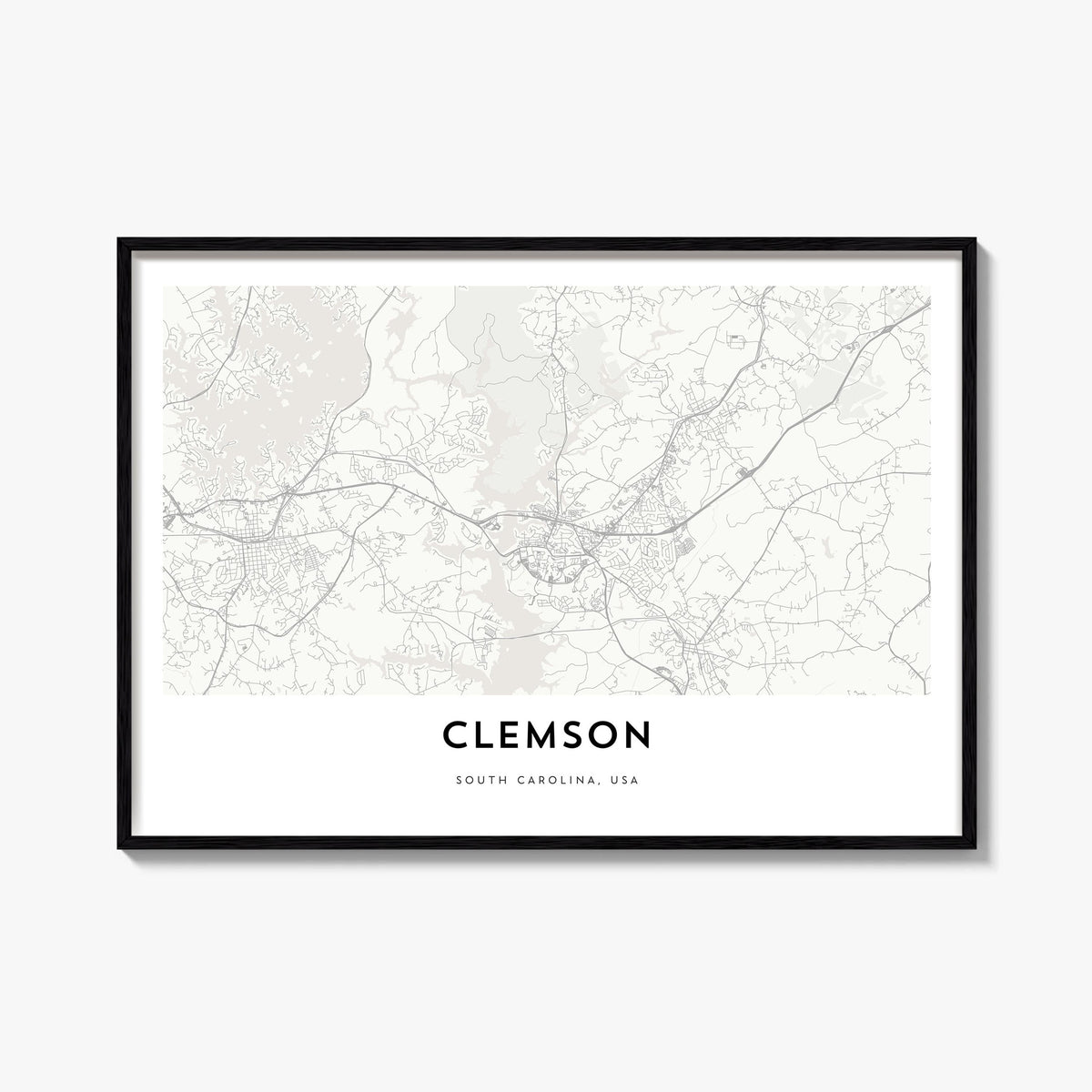 Clemson black & white map poster of South Carolina, USA – horizontal wall art, unframed print shown in interior mockup