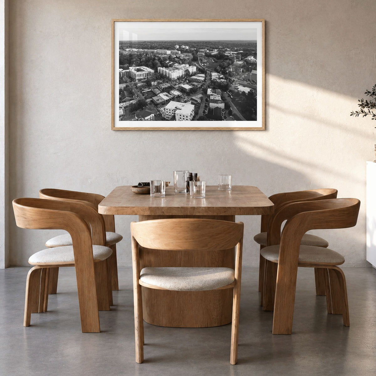 Clemson Photo Poster in a natural wood frame, hanging in a dining room, white border
