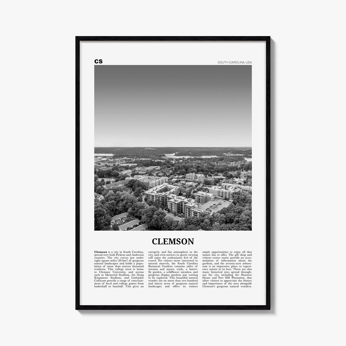 Clemson no. 2 black & white newspaper poster of South Carolina, USA – vertical wall art, unframed print shown in interior moc