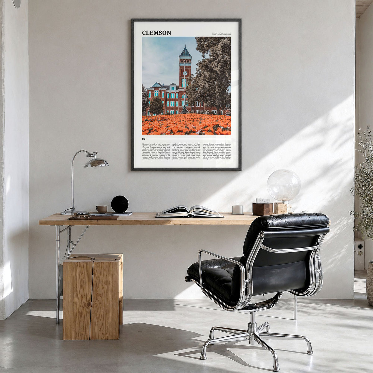 Clemson Travel Poster in a black wood frame, hanging in a bright home office