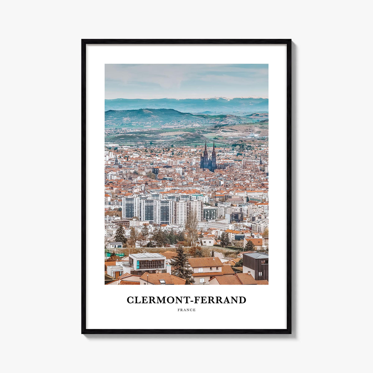 Clermont-Ferrand colorful classic poster of France – vertical wall art, unframed print shown in interior mockup