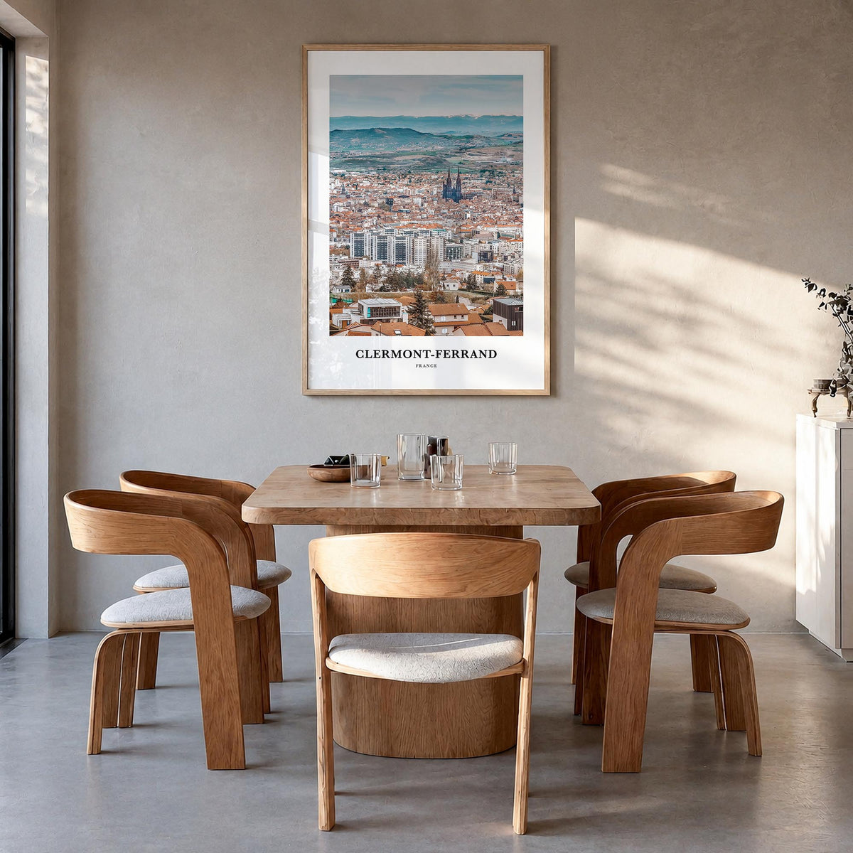 Clermont-Ferrand colorful classic poster of France – vertical wall art in natural wood frame, hanging on wall