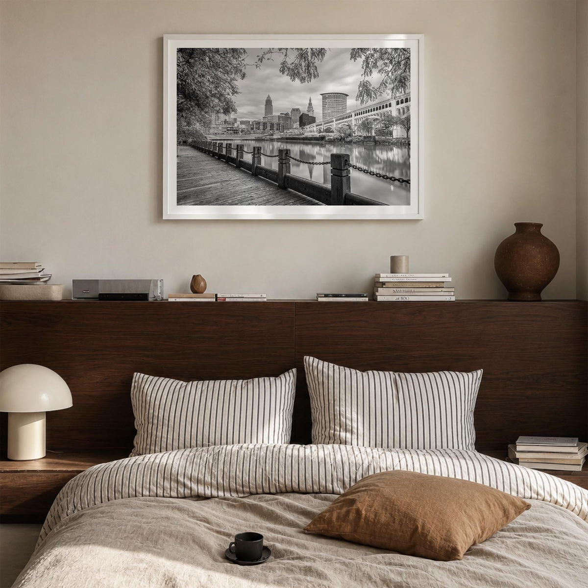 Cleveland black & white photo poster of Ohio, USA – horizontal wall art in white wood frame with white border, hanging on wal