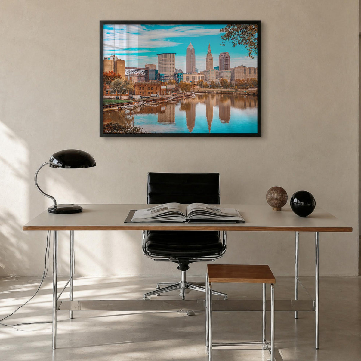 Cleveland colorful photo poster of Ohio, USA – horizontal wall art in black wood frame, hanging on wall