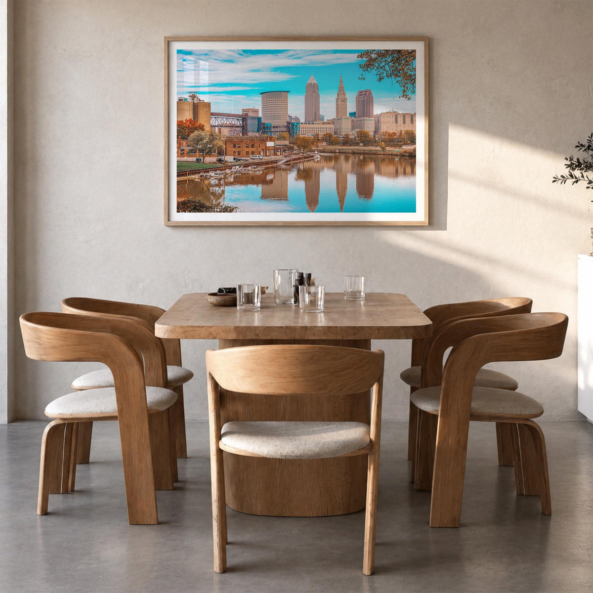 Cleveland colorful photo poster of Ohio, USA – horizontal wall art in natural wood frame with white border, hanging on wall