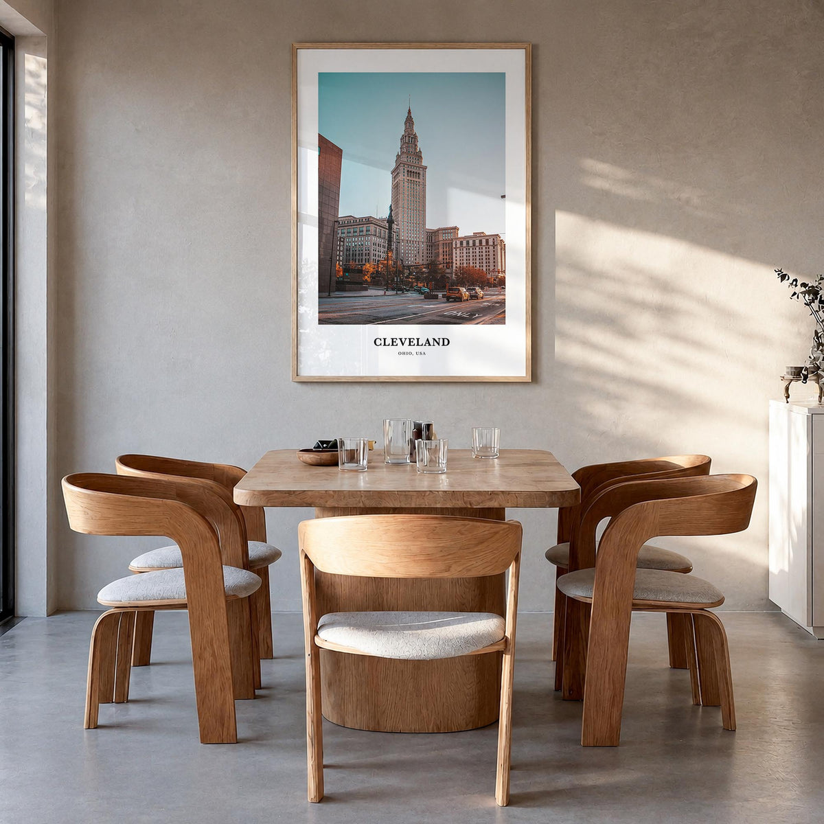 Cleveland no. 1 colorful classic poster of Ohio, USA – vertical wall art in natural wood frame, hanging on wall