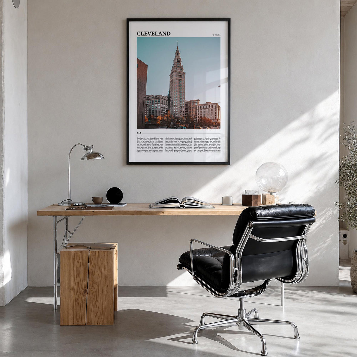 Cleveland no. 1 colorful travel poster of Ohio, USA – vertical wall art in black wood frame, hanging on wall