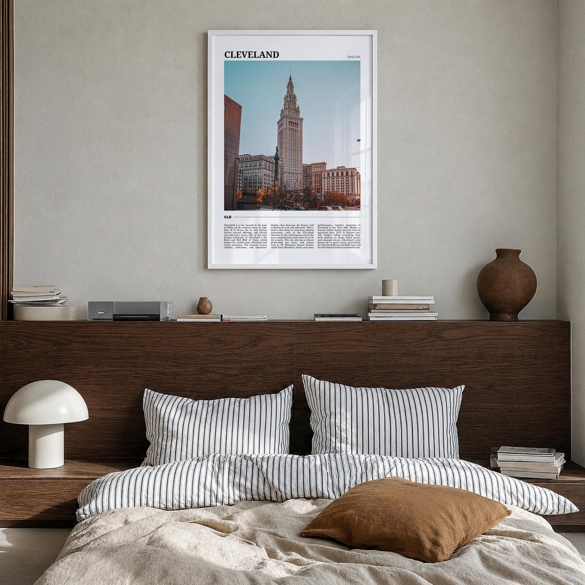 Cleveland no. 1 colorful travel poster of Ohio, USA – vertical wall art in white wood frame, hanging on wall