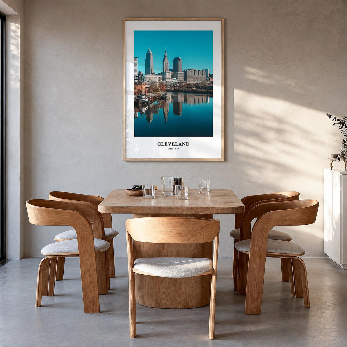 Cleveland no. 2 colorful classic poster of Ohio, USA – vertical wall art in natural wood frame, hanging on wall