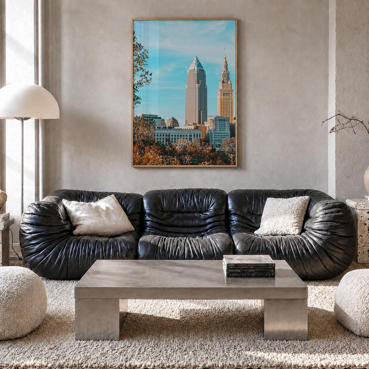 Cleveland no. 2 colorful photo poster of Ohio, USA – vertical wall art in natural wood frame, hanging on wall