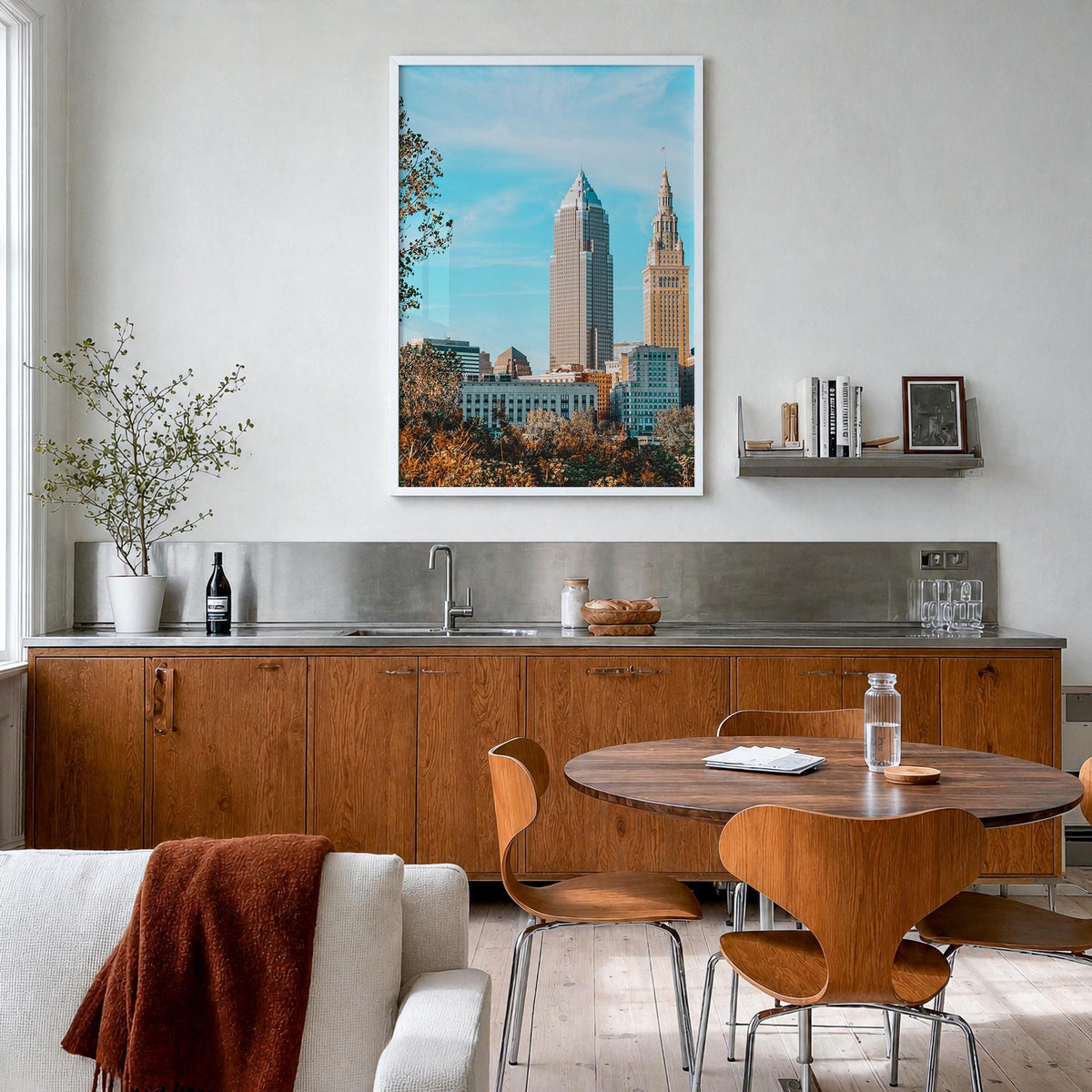 Cleveland no. 2 colorful photo poster of Ohio, USA – vertical wall art in white wood frame, hanging on wall