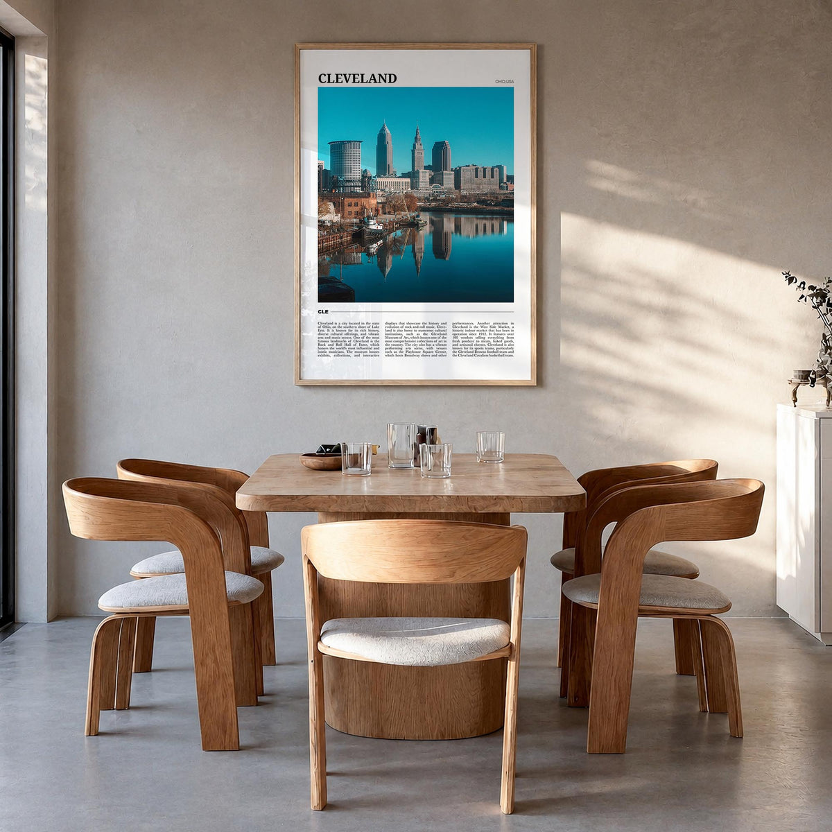 Cleveland no. 2 colorful travel poster of Ohio, USA – vertical wall art in natural wood frame, hanging on wall
