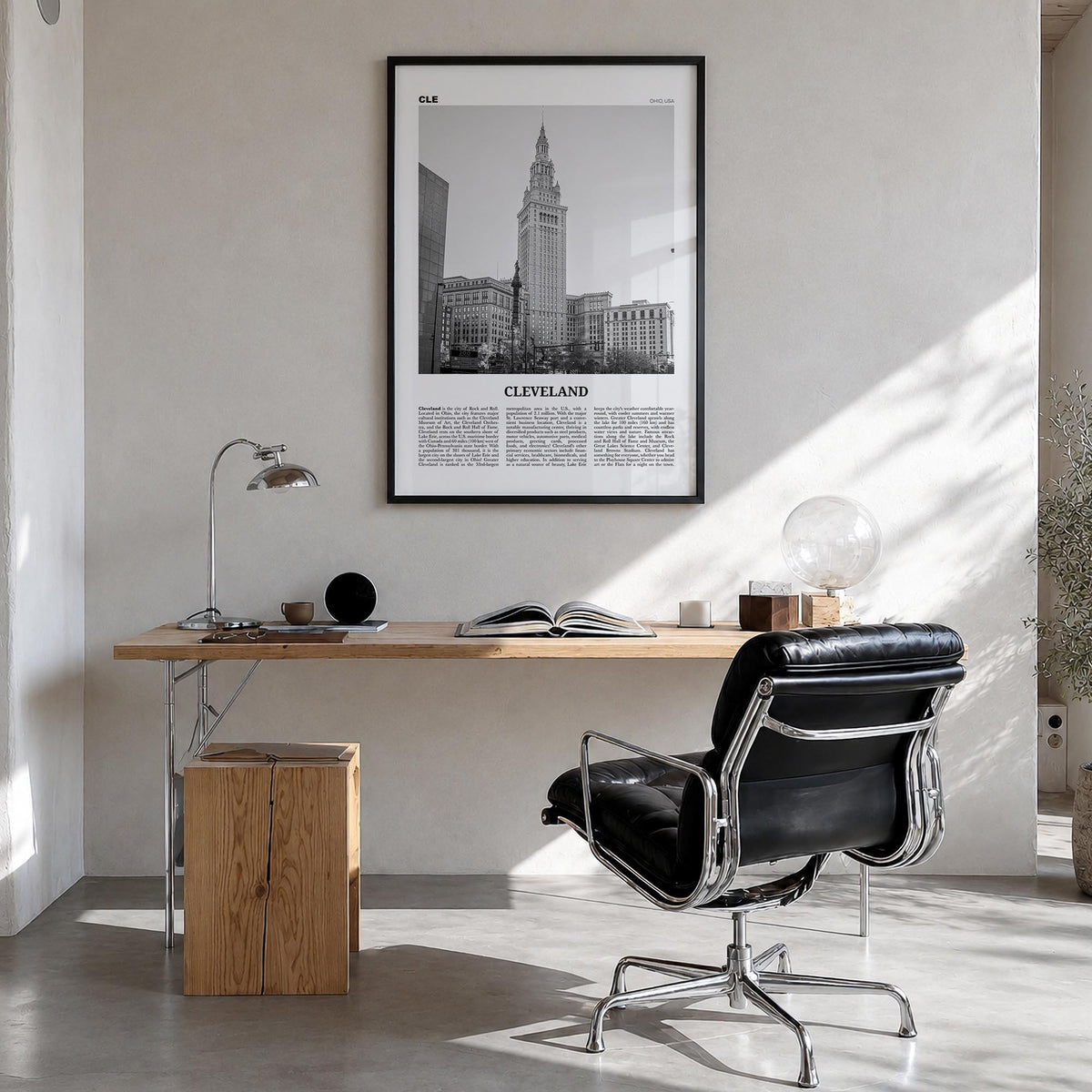 Cleveland no. 3 black & white newspaper poster of Ohio, USA – vertical wall art in black wood frame, hanging on wall