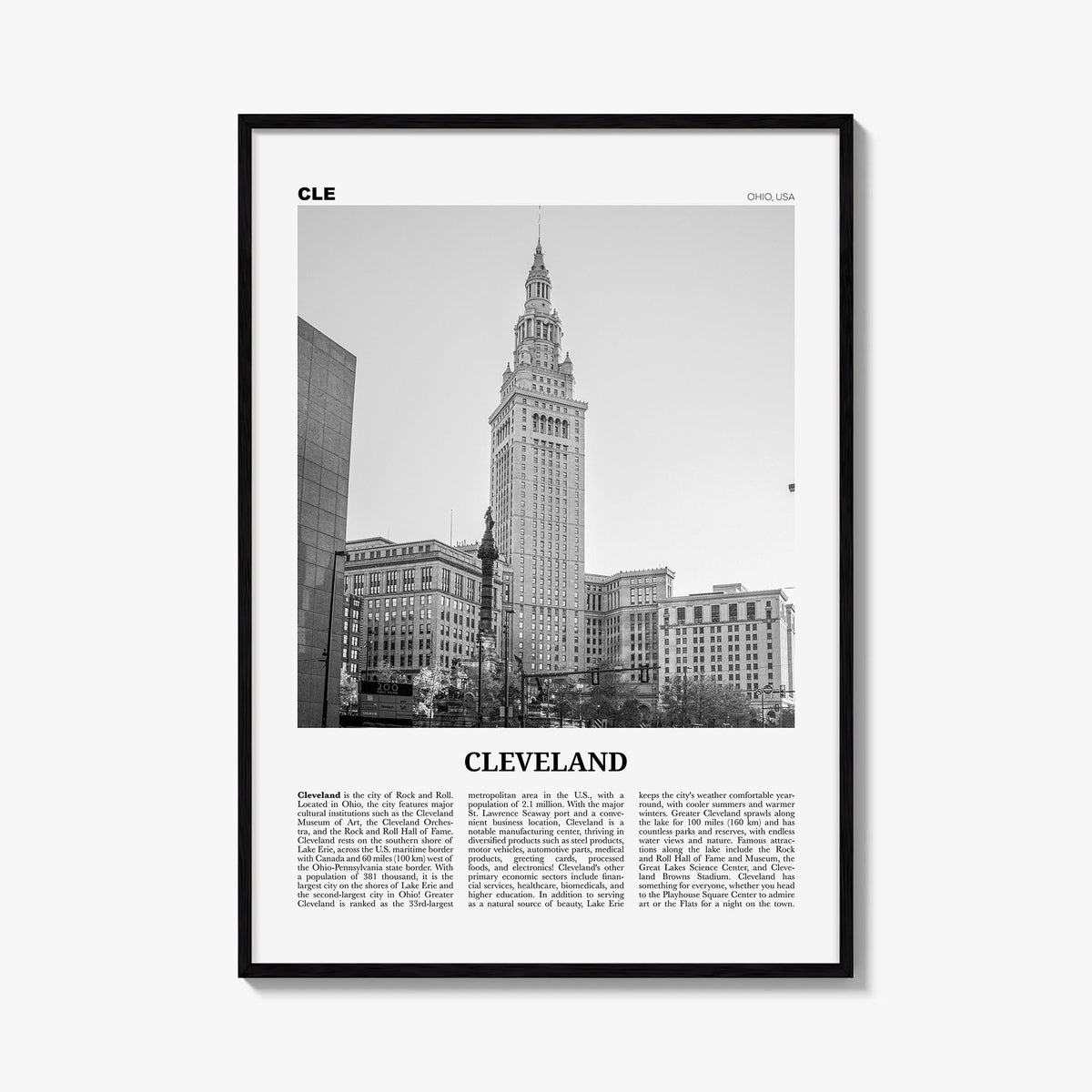 Cleveland no. 3 black & white newspaper poster of Ohio, USA – vertical wall art, unframed print shown in interior mockup