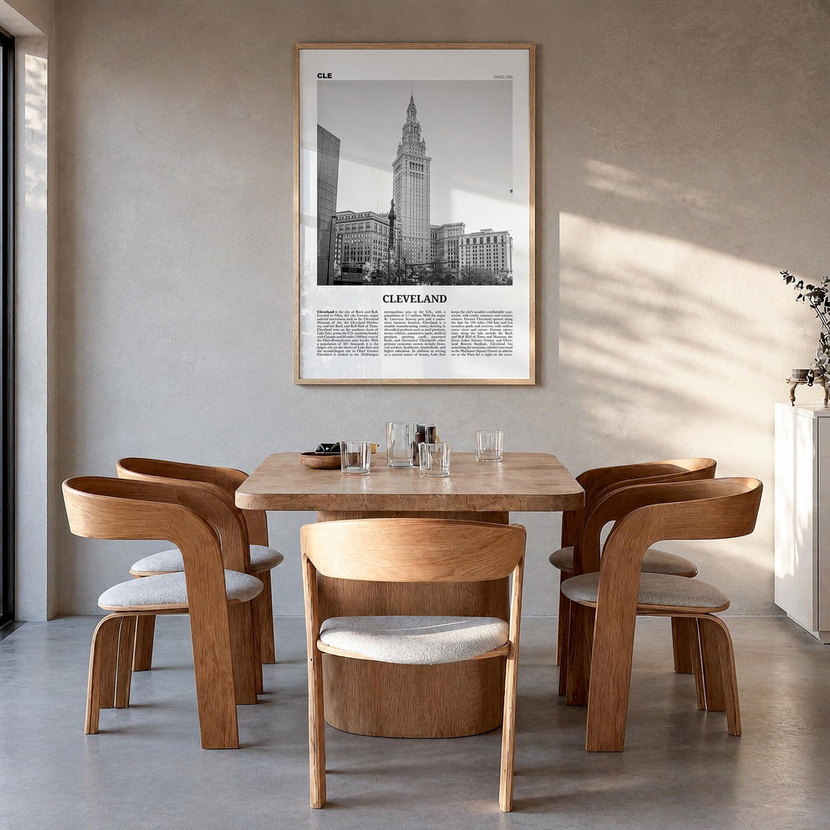 Cleveland no. 3 black & white newspaper poster of Ohio, USA – vertical wall art in natural wood frame, hanging on wall