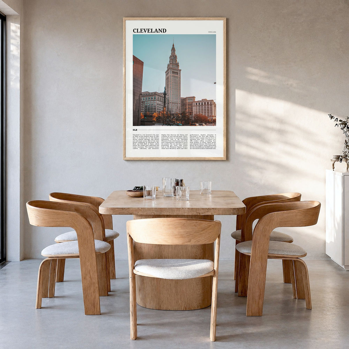Cleveland Travel No 1 Poster in a natural wood frame, hanging in a dining room