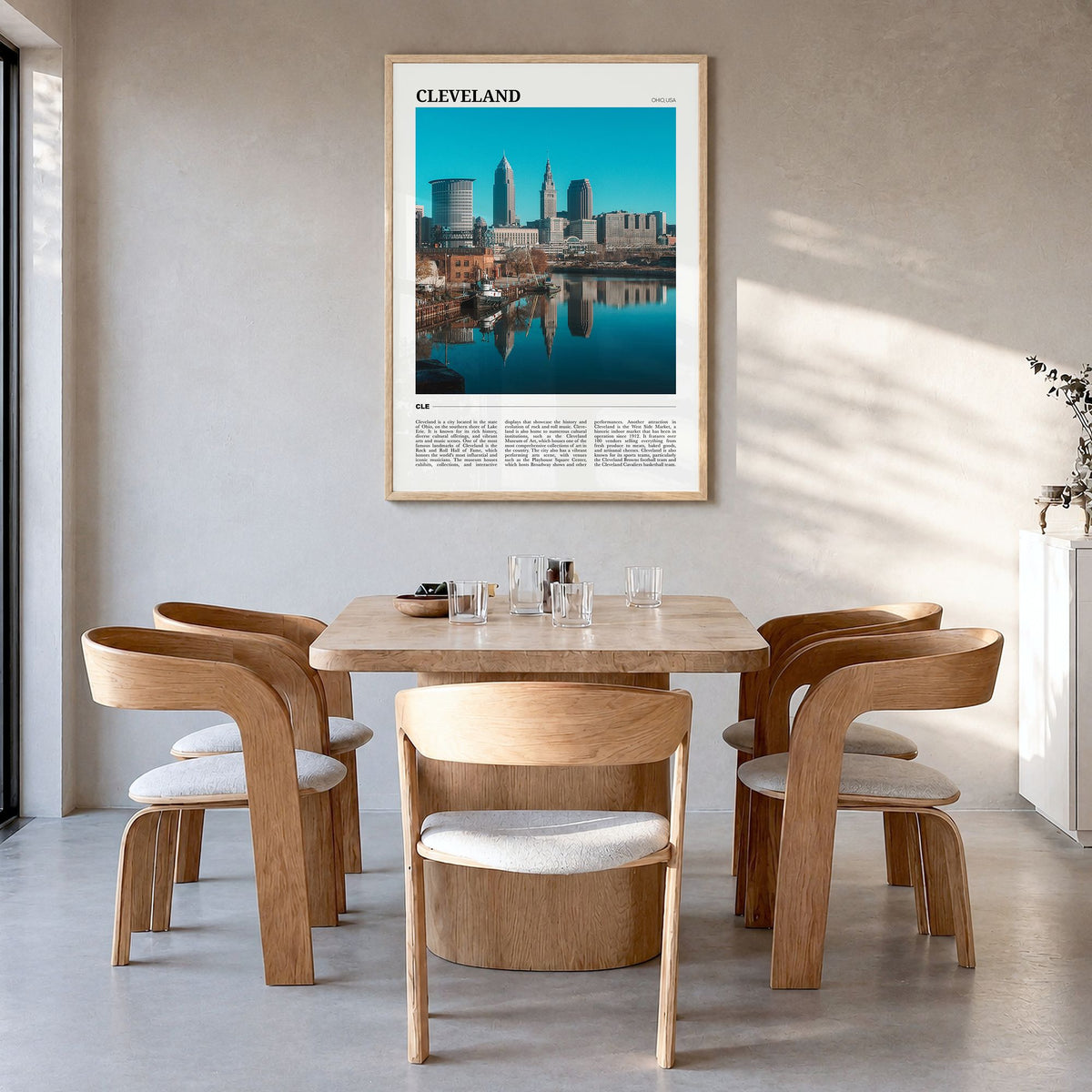 Cleveland Travel No 2 Poster in a natural wood frame, hanging in a dining room